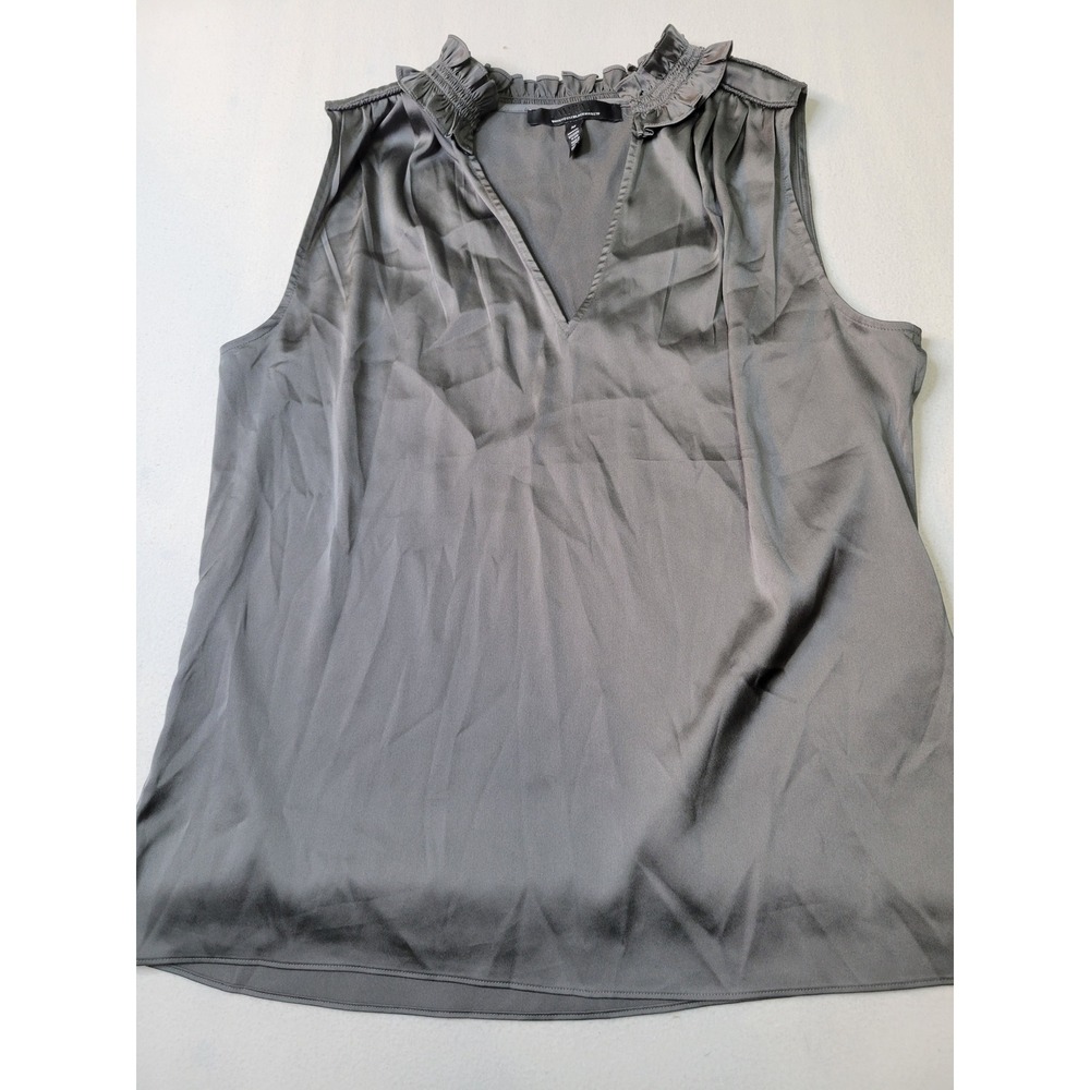 White House Black Market Gray Satin Ruffle Neck Sleeveless Blouse Medium WHBM 17
